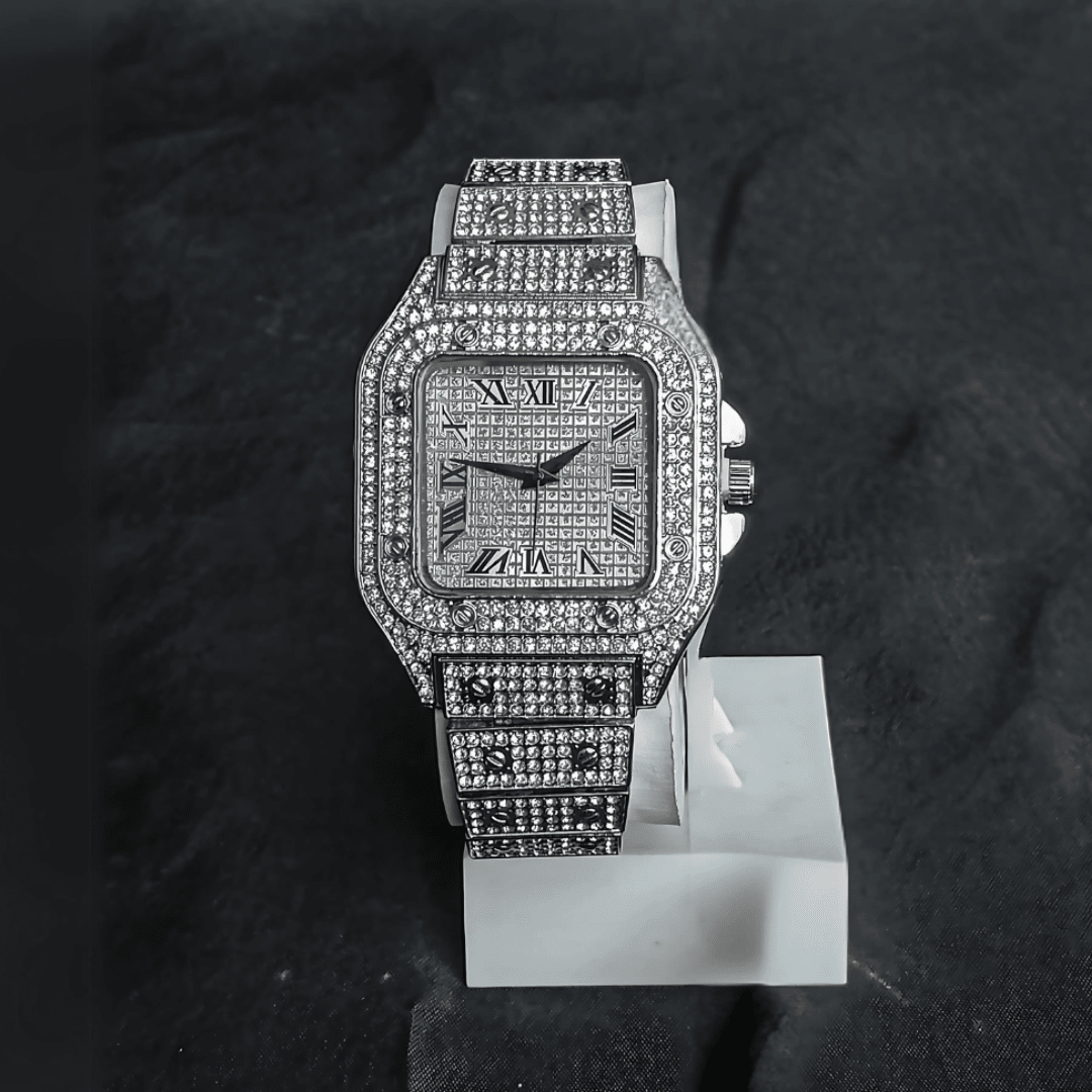 Iced Out Men Watch Luxury Square Roman Dial with Gift Box
